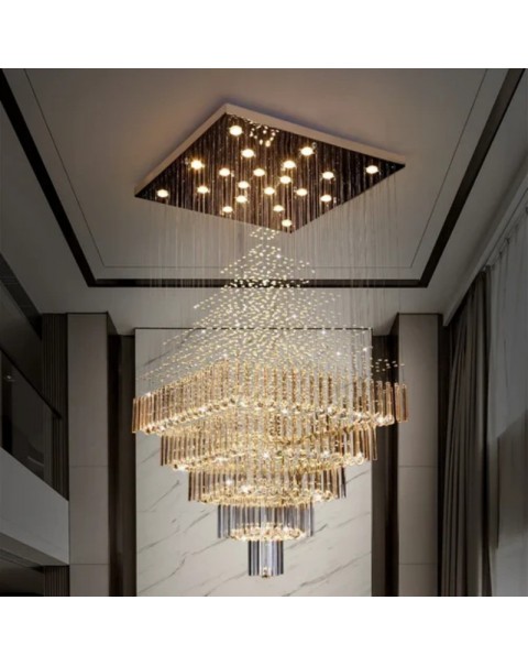 Duplex large chandelier villa large living room floor in the building crystal square modern simple light luxury stairwell long chandelier