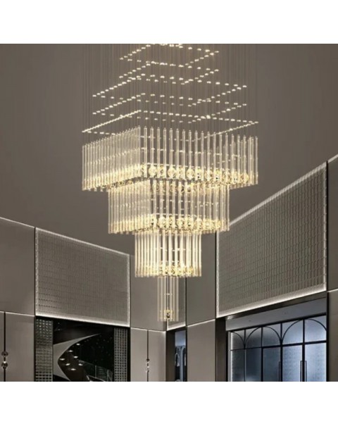 Duplex large chandelier villa large living room floor in the building crystal square modern simple light luxury stairwell long chandelier