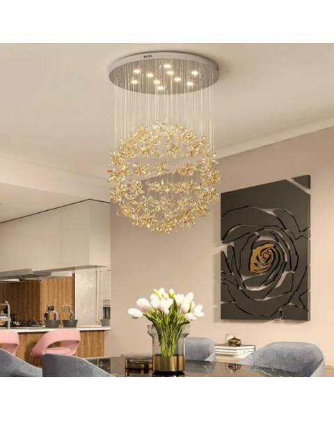 Living room chandelier 2024 new round ball crystal flower chandelier light luxury senior sense dining room lights villa living room main light