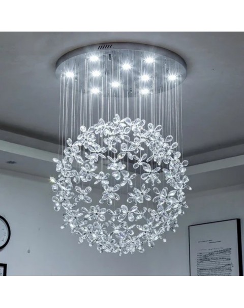 Living room chandelier 2024 new round ball crystal flower chandelier light luxury senior sense dining room lights villa living room main light