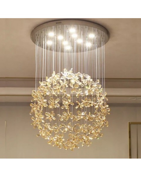 Living room chandelier 2024 new round ball crystal flower chandelier light luxury senior sense dining room lights villa living room main light