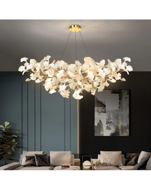 Living room ginkgo leaf branch ceramic chandelier villa hotel lobby duplex light luxury art restaurant decorative lamps and lanterns