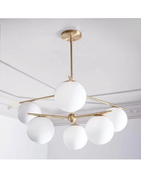 Scandinavian modern minimalist living room dining room bedroom study commercial milky glass ball metal champagne gold chandelier