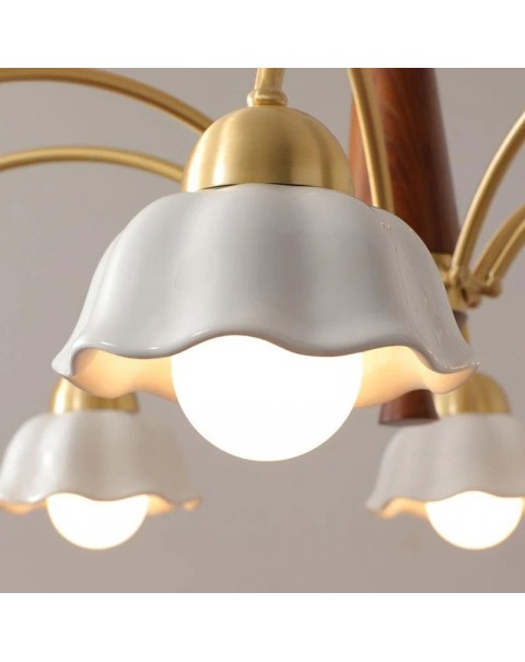 Retro living room chandelier Scandinavian light luxury antique walnut color white porcelain all brass American lamp atmosphere dining room bedroom light