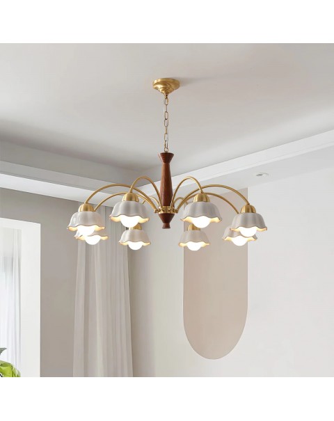 Retro living room chandelier Scandinavian light luxury antique walnut color white porcelain all brass American lamp atmosphere dining room bedroom light