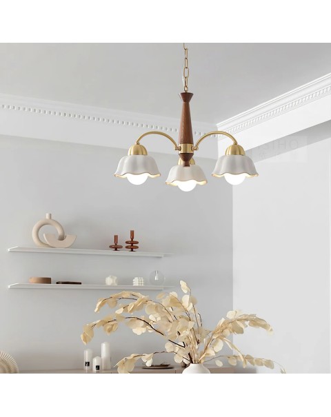 Retro living room chandelier Scandinavian light luxury antique walnut color white porcelain all brass American lamp atmosphere dining room bedroom light