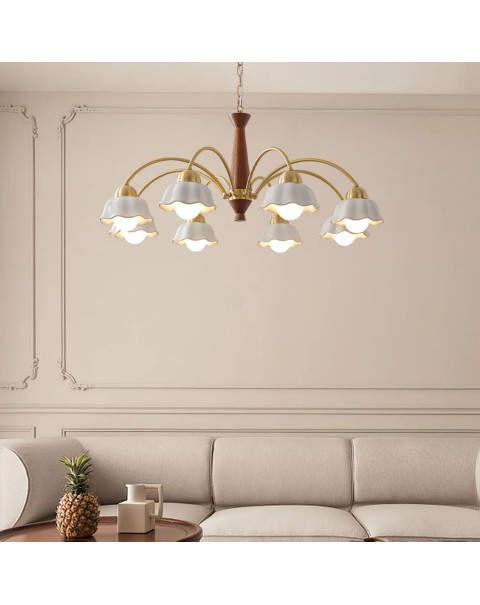 Retro living room chandelier Scandinavian light luxury antique walnut color white porcelain all brass American lamp atmosphere dining room bedroom light