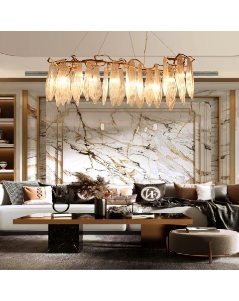 European style creative dining room chandelier light luxury copper branches long glass blade personalized villa commercial living room lamps and lanterns