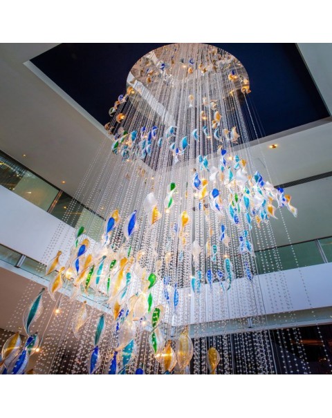 Colorful Curved Crystal Staircase Long Chandelier