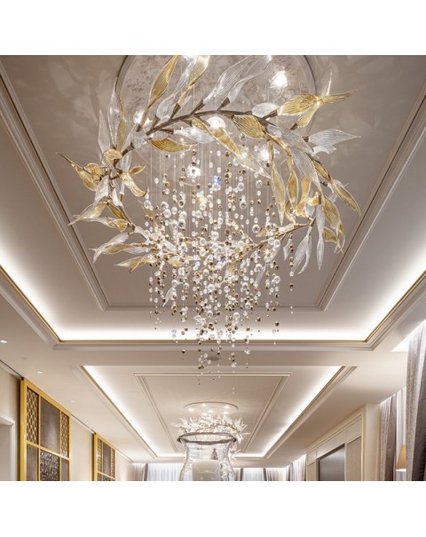 Hotel Lobby Villa Premium Twig and Leaf Crystal Glass Chandelier