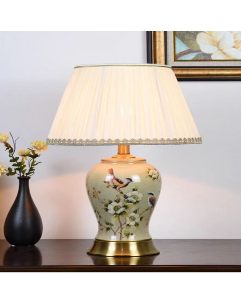 Dimming bedroom bedside lamp brass American retro flowers and birds ceramic living room table lamp light luxury children's room decorative ornaments