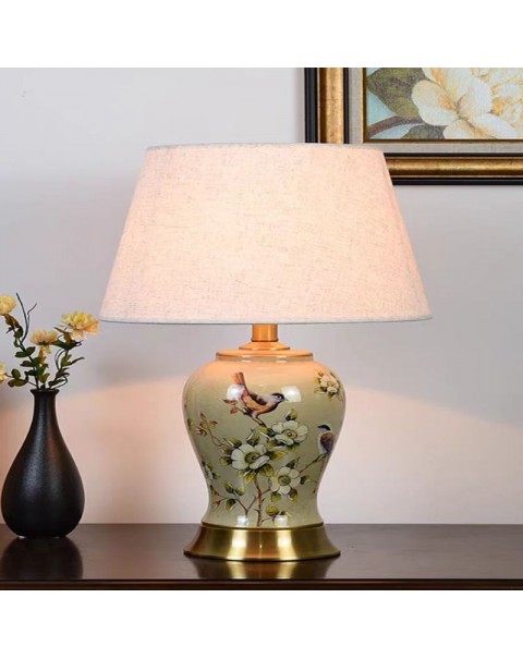 Dimming bedroom bedside lamp brass American retro flowers and birds ceramic living room table lamp light luxury children's room decorative ornaments