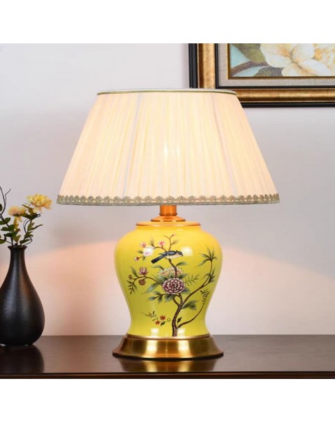 Dimming bedroom bedside lamp brass American retro flowers and birds ceramic living room table lamp light luxury children's room decorative ornaments