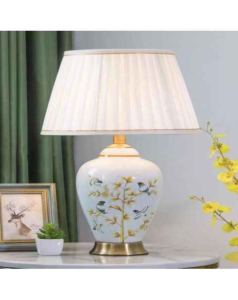 Modern simple Chinese hand-painted bird full copper ceramic table lamp creative American retro living room bedroom nightstand lamps