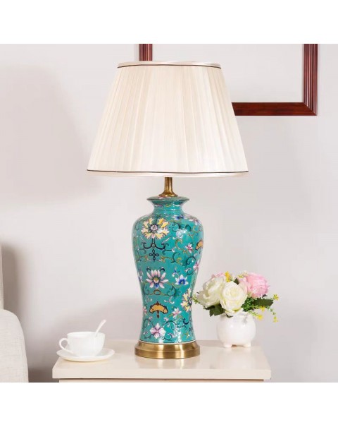 Chinese hand-painted retro copper ceramic table lamp living room decorative lamp study bedroom bedside lamp European creative light decoration