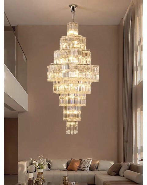 Duplex living room crystal chandelier post-modern light luxury building in the staircase long chandelier villa hall hollow chandelier