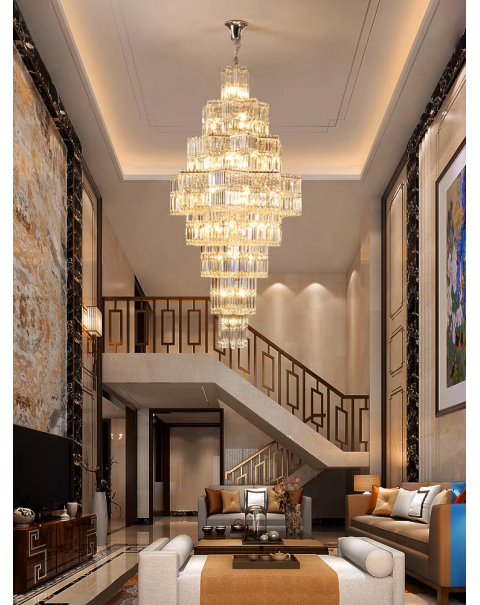 Duplex living room crystal chandelier post-modern light luxury building in the staircase long chandelier villa hall hollow chandelier