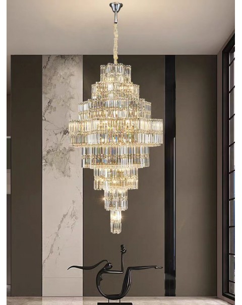 Duplex living room crystal chandelier post-modern light luxury building in the staircase long chandelier villa hall hollow chandelier