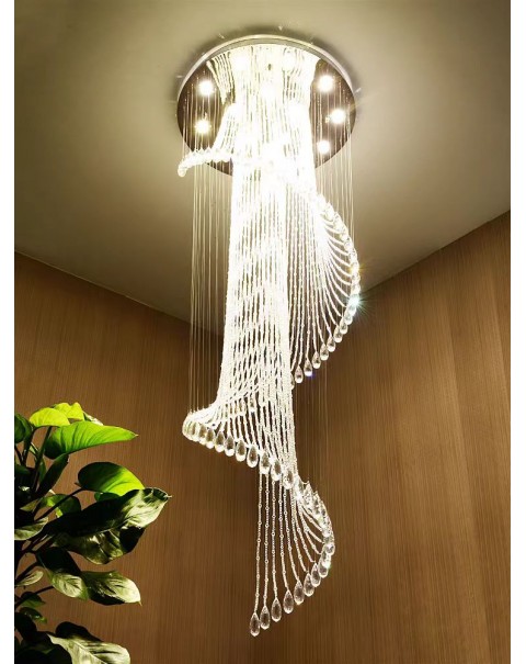 Duplex staircase chandelier long chandelier modern simple villa leaping hollow living room rotating stairwell crystal chandelier