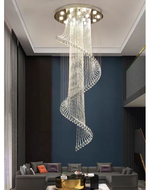 Duplex staircase chandelier long chandelier modern simple villa leaping hollow living room rotating stairwell crystal chandelier