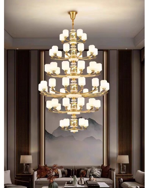 New all copper jade living room chandelier high-end atmosphere villa lobby dining room light