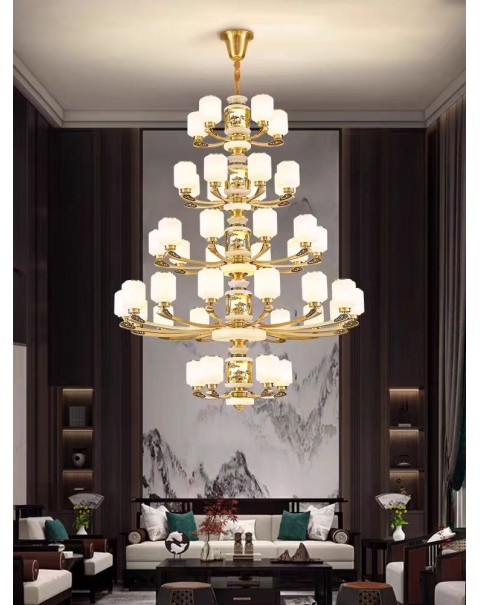 New all copper jade living room chandelier high-end atmosphere villa lobby dining room light