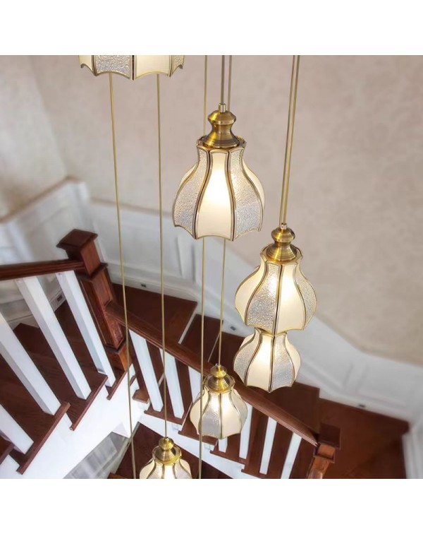 Staircase long chandelier full copper European lig...