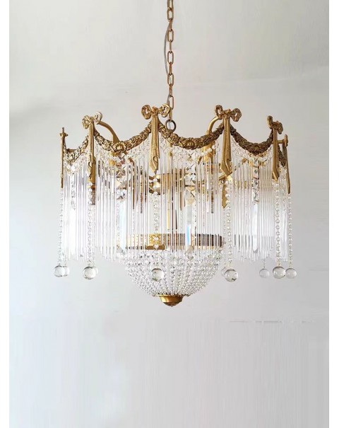 French retro full copper crystal staircase chandelier American European luxury atmosphere loft high-rise villa lights