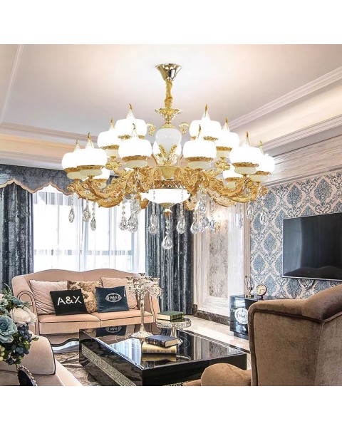 Rays European living room duplex large chandelier luxury villa hotel hall imitation jade vacuum large lamp crystal long