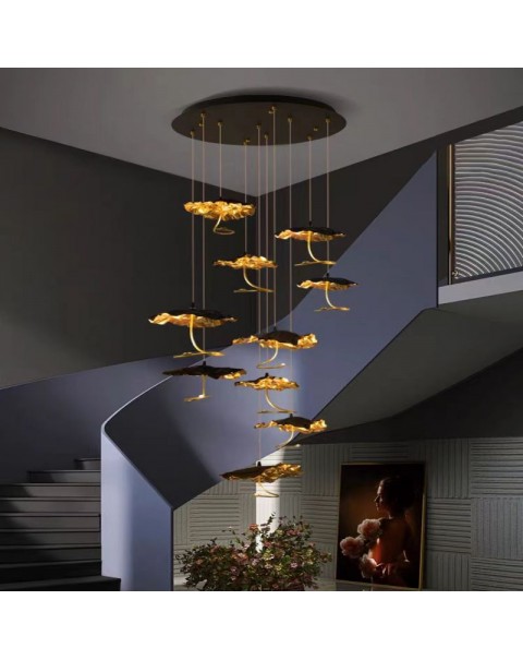 Full copper lotus leaf staircase chandelier duplex villa living room dining room light luxury high-grade atmosphere black gold new Chinese lamps and lanterns