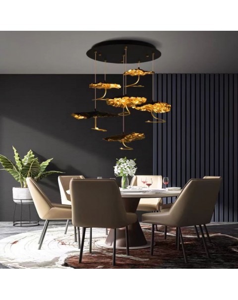 Full copper lotus leaf staircase chandelier duplex villa living room dining room light luxury high-grade atmosphere black gold new Chinese lamps and lanterns