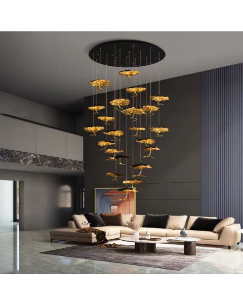 Full copper lotus leaf staircase chandelier duplex villa living room dining room light luxury high-grade atmosphere black gold new Chinese lamps and lanterns