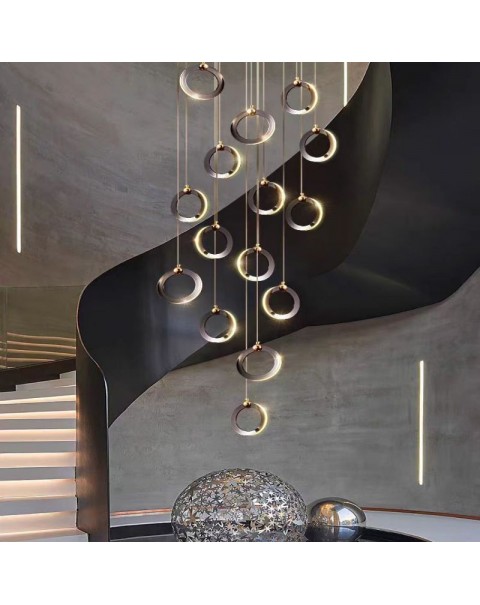 Staircase chandelier light luxury circle net red light simple post-modern villa loft duplex Nordic living room chandelier jewelry