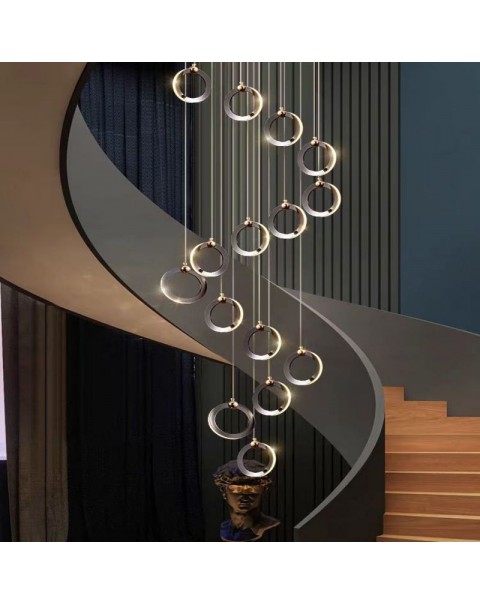 Staircase chandelier light luxury circle net red light simple post-modern villa loft duplex Nordic living room chandelier jewelry