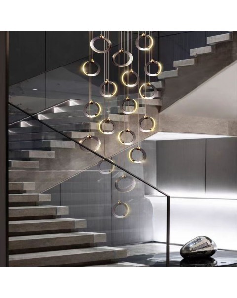 Staircase chandelier light luxury circle net red light simple post-modern villa loft duplex Nordic living room chandelier jewelry