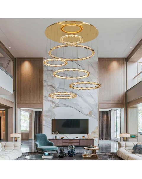 New duplex modern simple circular light luxury gray crystal lamp hollow villa building in the building living room chandelier