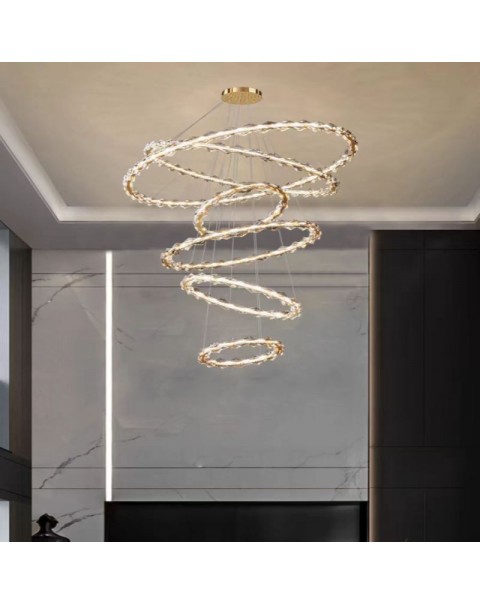 New duplex modern simple circular light luxury gray crystal lamp hollow villa building in the building living room chandelier