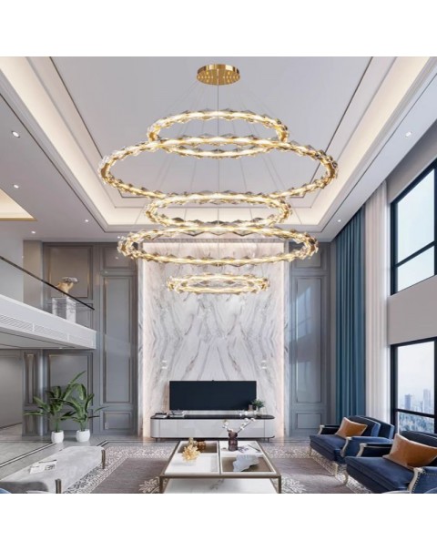 New duplex modern simple circular light luxury gray crystal lamp hollow villa building in the building living room chandelier