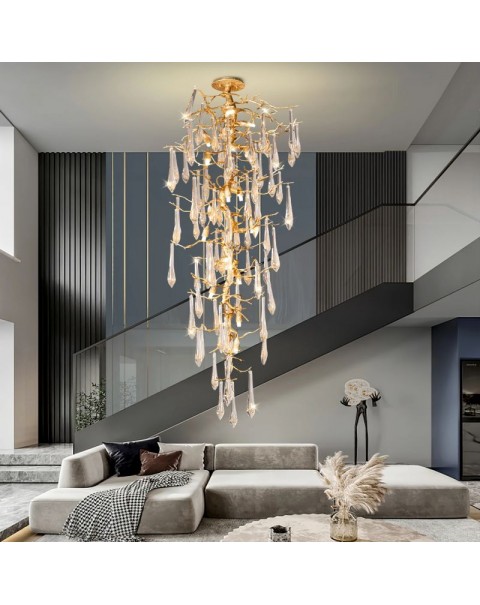 Light luxury French villa duplex staircase gold dust crystal long chandelier new chinese style hollow living room full copper tree branch lamps and lanterns