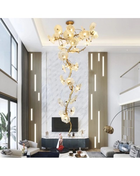 Full copper branch chandelier hotel villa duplex living room light luxury lamp designer creative Scandinavian branch chandelier