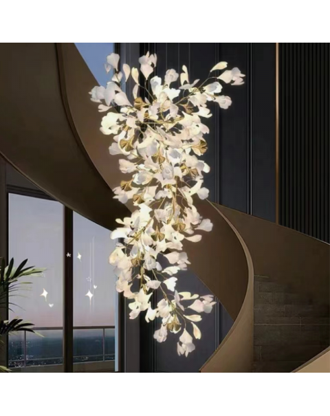 Duplex large chandelier loft staircase light light light luxury villa overhead leaping living room lobby ginkgo leaf light