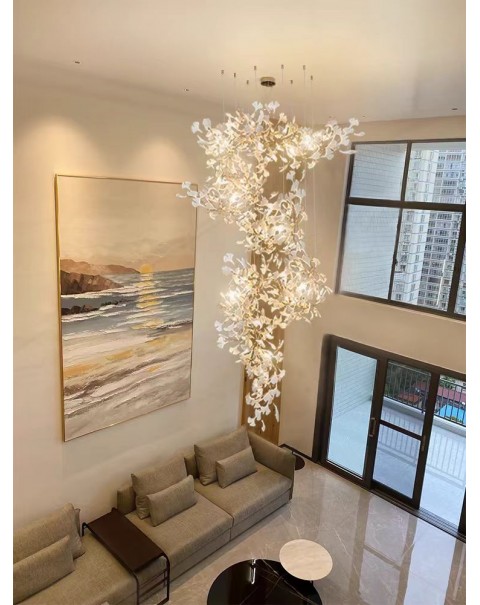 Duplex large chandelier loft staircase light light light luxury villa overhead leaping living room lobby ginkgo leaf light